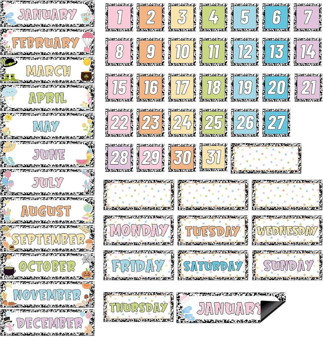 Ireer 54 Pcs Composition Calendar Magnets for Classroom Pastel Magnetic Fridge Calendar Months Days of The Week Number Magnets Date Indicators for Home Classroom Whiteboard Refrigerator Supplies