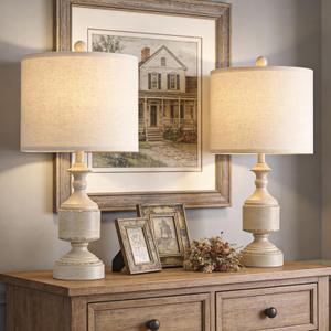 BOBOMOMO White Lamps Set of 2-20.5" Antique White Bedside Lamps for Nightstand, Vintage Farmhouse Lamps for Entryway & Guest Room, Ideal for Small Spaces, Room Lamps for Bedroom