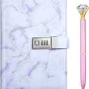 Zonon Diary with Lock for Girls Marble PU Leather A5 Journal Combination with Diamond Pen Back to School Gifts Lock Diary Planner Organizer for Men and Women(Purple,1 Pcs)