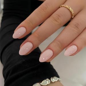 Dusty Pink Press On Nails Short Oval, KQueenest Acrylic Fake Nails Press Ons, Natural Glue on Nails Short Almond, Reusable One Color Soft Gel Stick On Nails Set For Women Wedding Daily Decoration