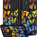 Goocrux (2in1 for Samsung Galaxy S21 Ultra Case Butterfly Women Girls Girly Pretty Phone Cover with Slide Camera Cover+Ring Holder Cute Colorful Rainbow Butterflies Design Cases for S21 Ultra 6.8''