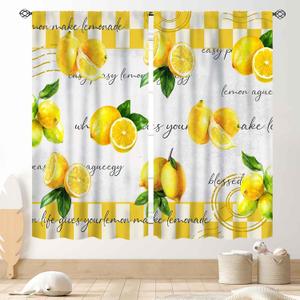 Yellow Lemon Kitchen Curtains, Vintage Retro Summer Spring Seasonal Fruit Yellow Checkered Window Drapes Treatments for Living Room Bedroom Bathroom Cafe 2 Panels, 42"x45" Inch, 21"W x 45"L
