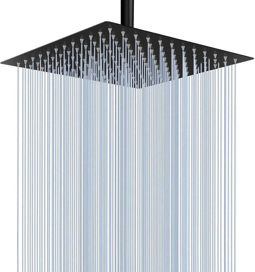 Voolan Rain Shower Head - High Flow Large Rainfall Shower Heads Made of Stainless Steel - Waterfall Bathroom Square Showerhead - Ceiling or Wall Mount (12" Black)