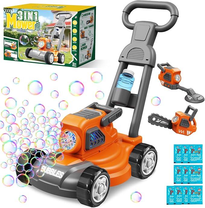 Bubble Lawn Mower for Kids Ages 3-6, 3-in-1 Bubble Machine Maker with 10 Bubble Solution, Outdoor Push Toy for Toddlers Boys Girls, Summer Birthday Christmas Easter Gift for Age 3 4 5 6 Year Old
