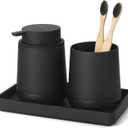 Black Bathroom Countertop Accessories Set - Soap Dispenser and Toothbrush Holder with Silicone Boot,Vanity Tray (Black Liquid)