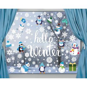 Large Size Hello Winter Window Clings for Christmas Snowflake Decoration Xmas Windows Decals Snowman Window Stickers for Showcase Home Decor Merry Christmas Party Supplies