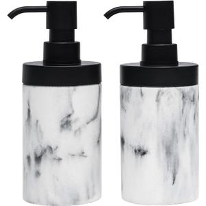 Suanti 2Pcs White Marble Style Resin Soap Dispenser Set for Bathroom Countertop&Kitchen Sink Decor, Large-Openning Soap Bottles with Matte Black Pumps Easy Refil-10 oz, Elegant and Solid Design