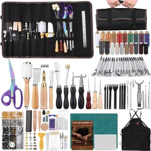 Tikjiua 456Pcs Leather Working Tools with Apron and Tooling Bag, Leather Craft Kit with Tools for Stamping, Carving, Sewing, Beveling, Cutting, Crafting