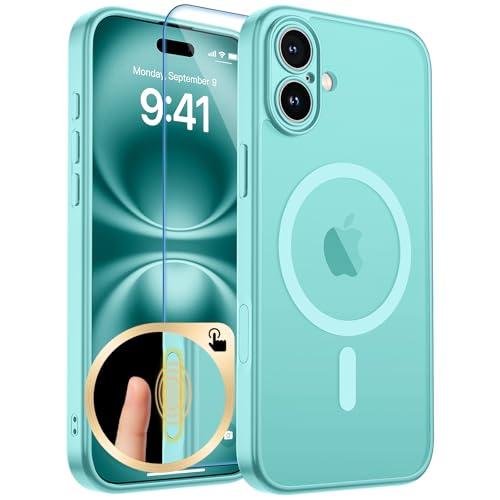 zapica Magnetic for iPhone 16 Plus Case, Upgraded [Camera Control Button] [Full Camera Protection] [with 1 Screen Protector] Translucent Matte Shockproof Protective Phone Cover, Aqua Green