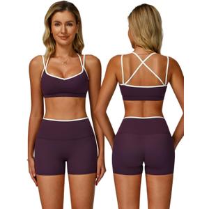 ABOCIW Workout Sets for Women 2 Piece Color Block Strappy Sports Bra High Waist Shorts Gym Yoga Pilates Outfits (Small, Eggplant Purple)