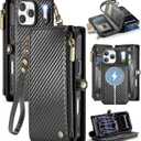 Defencase for iPhone 17 Pro Max Magnetic Wallet Case Compatible with Magsafe with RFID Blocking Zipper & Card Holder PU Leather Strap Detachable Case for iPhone 17 Pro Max 6.9", Carbon Fiber Black