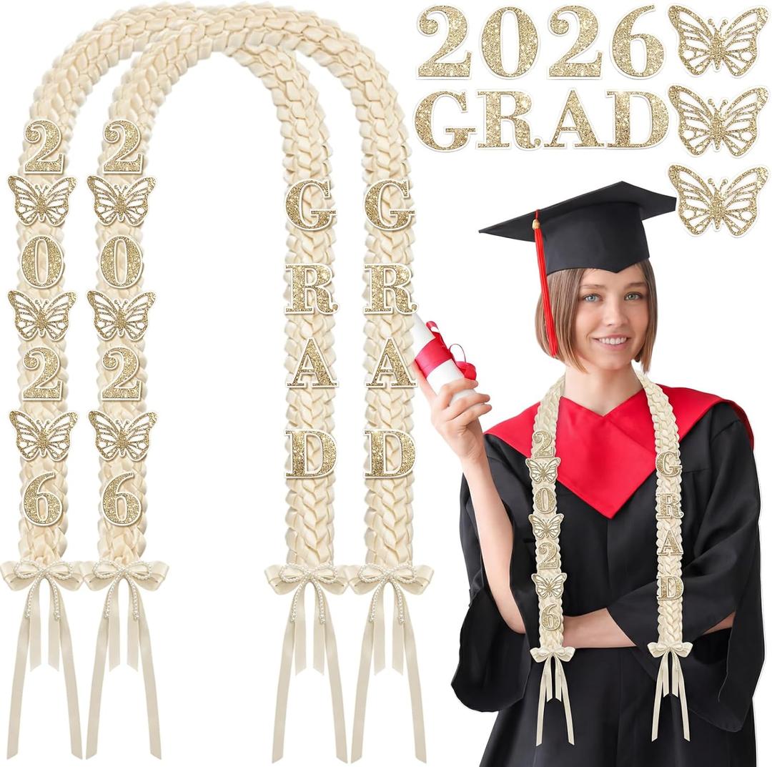 Suncalla 1/2 Pack Graduation Leis Class of 2026 Ivory Satin Ribbon Necklace with 11 Letters and Numbers Flower Butterfly Pin Pearl Bow Money Leis for College Senior Grad Gift(Beige,2 Pcs)