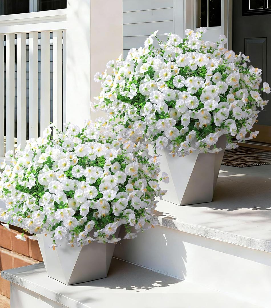 Ivydale 24 Bundles Artificial Flowers for Outdoors Summer Outside Decoration, Faux Silk Petunias White Fake Flowers Bulk Realistic UV Resistant Plants for Outdoor Planters Porch Patio Garden Yard Home