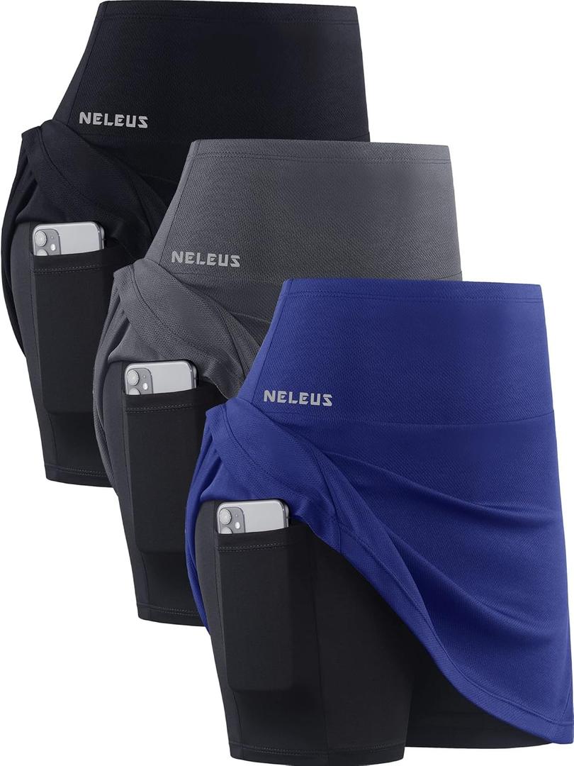 NELEUS Women's Lightweight Running Shorts Workout Athletic Short for Yoga with Pocket (XX-Large, Skirts: Black/Grey/Blue,3 Pack)