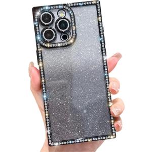 Cute Compatible with iPhone 14 Pro Max Case Rectangle Edge for Women,Luxury Glitter Case with Bling Rhinestones Sparkle Slim Camera Protective 14 Pro Max Case - 6.7 inch (Black)