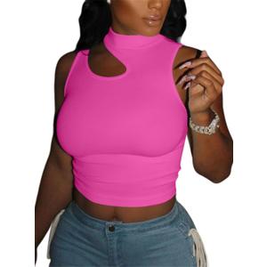 LovelyWholesale Crop Tops for Women Sexy Cut Out Tops Mock Neck Tank Top Hot Pink Medium (Pink, M)