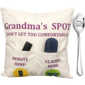 Grandma Gifts, 2-Pocket Grandmas Spot Throw Pillow Covers 18x18 Inch + Engraved Spoon, Birthday Christmas hanksgiving Day Gifts for Grandma Mom Gigi Nana Mimi
