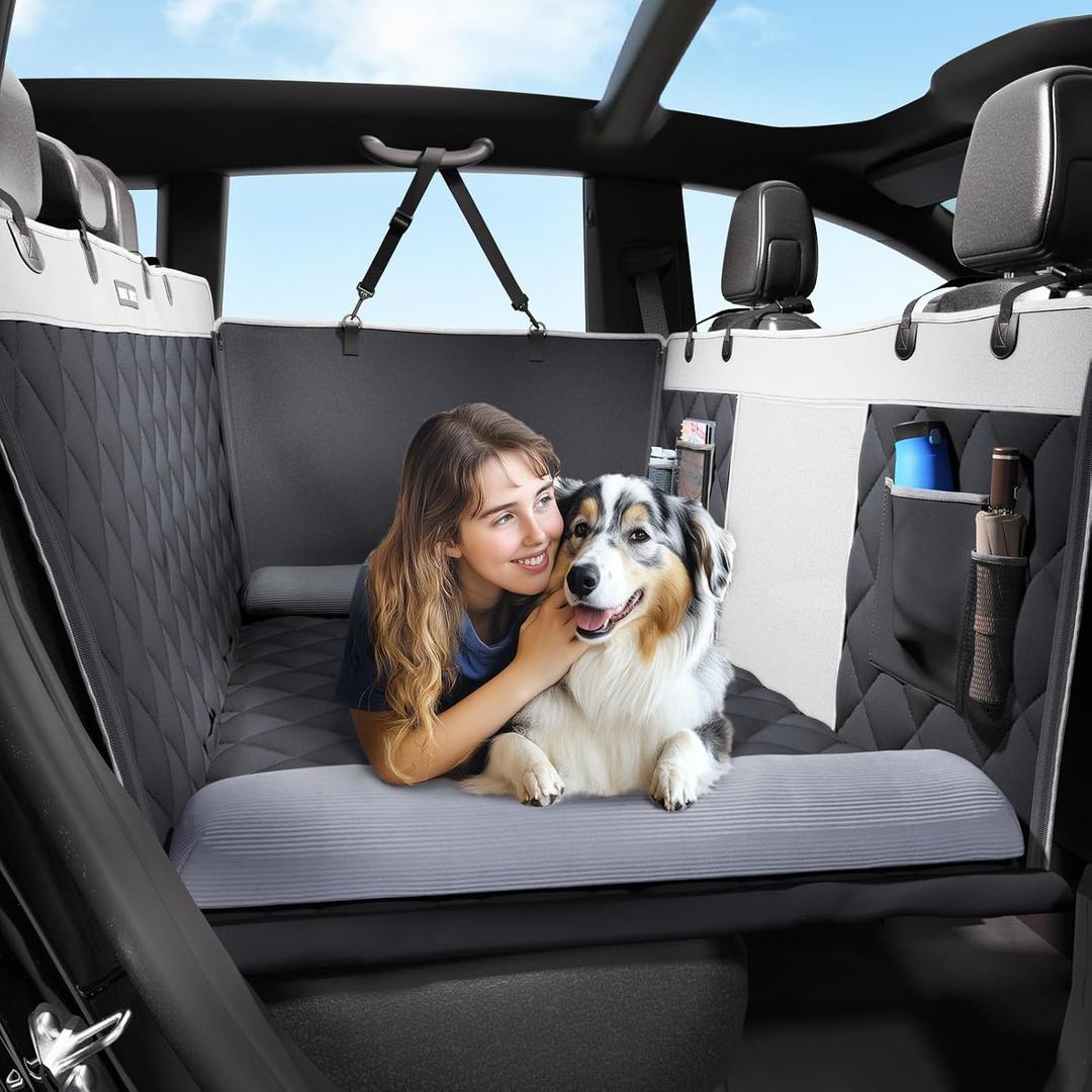 Back Seat Extender for Dogs, Hard Bottom Car Cover with Pillow, Waterproof Pet Hammock Protector for Car, SUV, Truck (Universal Size - for Most Cars)