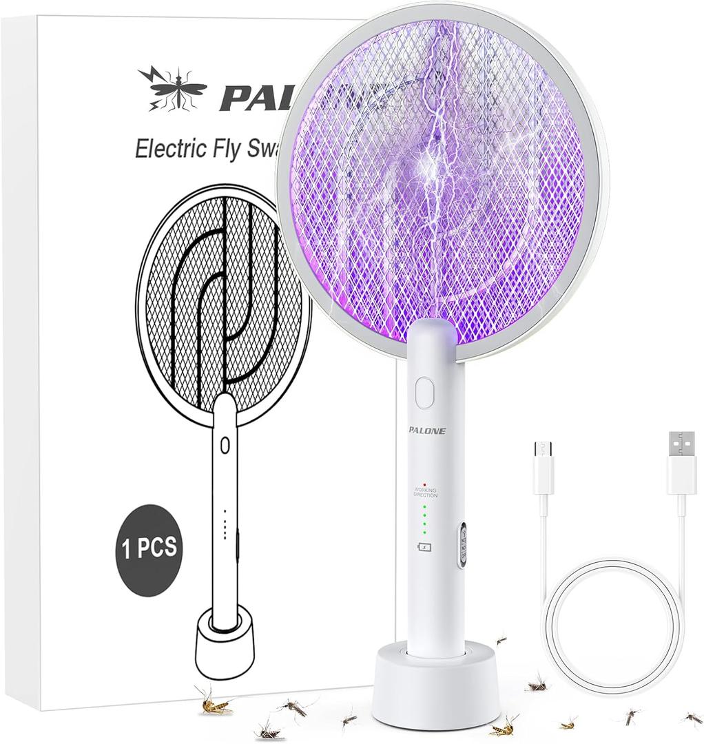 PALONE Electric Fly Swatter 4000V Bug Zapper Racket, Dual Modes Mosquito Killer with Battery, Rechargeable Mosquito Killer Lamp with 3 Layers Safety Mesh for Indoor and Outdoor, White 1P