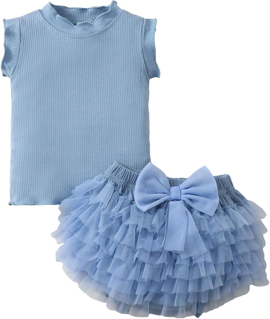 SUNNY PIGGY Newborn Baby Girl Clothes Toddler Ruffle Romper Top Infant Skirt Set (Blue)