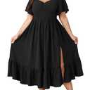 SCOMCHIC Womens Plus Size Wedding Guest Cocktail Dresses Sweetheart Neckline Short Sleeve Smocked Ruffle Slit Maxi Dress Black, 4XL