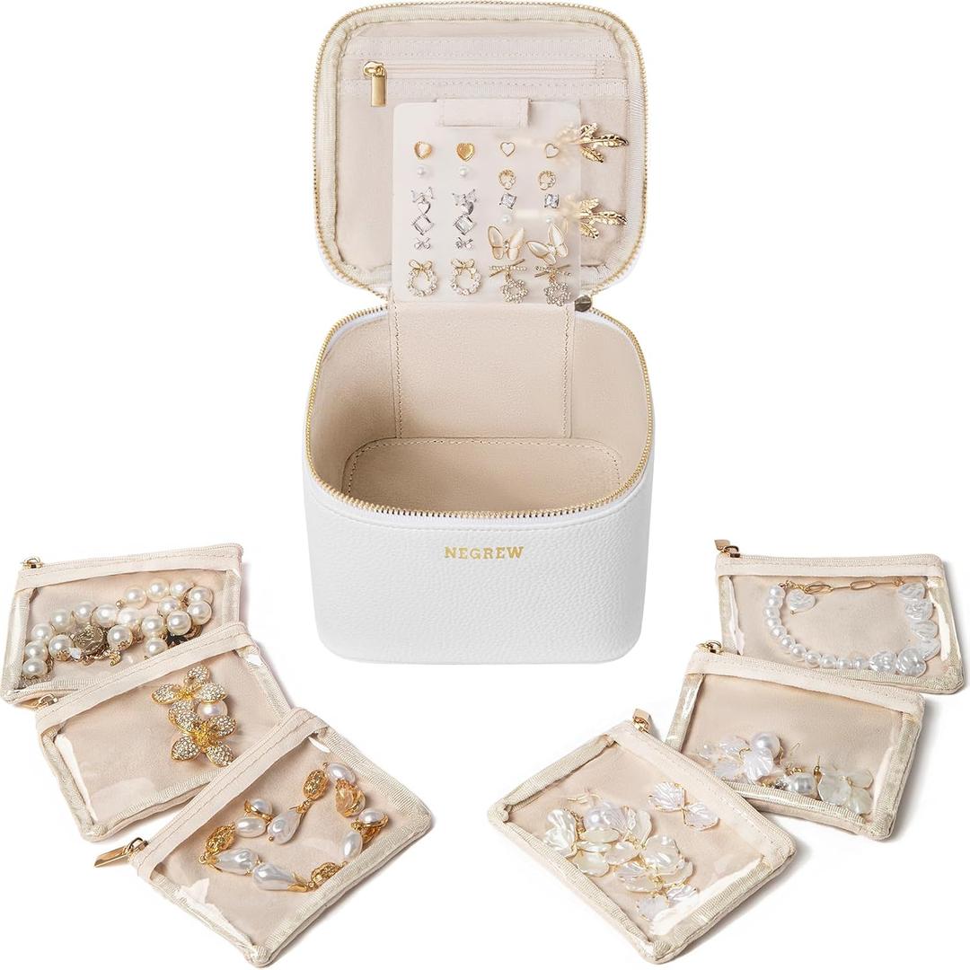 Travel Jewelry Box with 6 Pouches, Leather Jewelry Organizer Case for Women Girl for Necklace Earring Bracelet Ring, Jewelry Holder Organizer Box,Wedding Birthday Gift Idea (White)