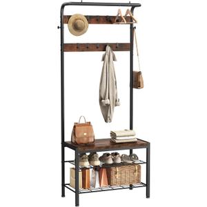 DUMOS Hall Tree with Shoe Bench and Coat Rack, Entryway Bench with Shoe Storage and Hooks, 4-in-1 Coat and Shoe Rack for Entryway, Mudroom Storage Organizer with Shelves (Brown)