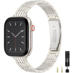 Wearlizer Slim Metal Band Compatible with Apple Watch Bands for Women 40/38/41/42/44/45/46/49mm, Dressy Stainless Steel Strap Gold Silver Bracelet for iWatch Series 11 10 9 8 7 6 5 4 SE/Ultra 3 2 1 (Starlight)