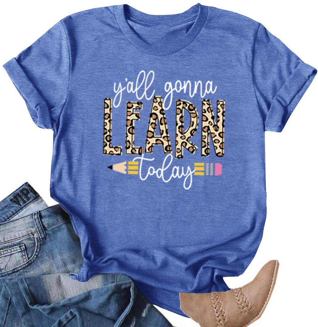 FCGHSII Teacher T Shirt for Women: Learning Teach T-Shirts Leopard Teachers Tees Teaching Gifts Short Sleeve, L