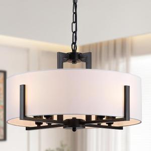 20" Black Drum Chandelier 8-Light Modern White Fabric Adjustable Large Farmhouse Pendant Light Fixtures for Dining Room Living Room Foyer Kitchen Bedroom Entryway