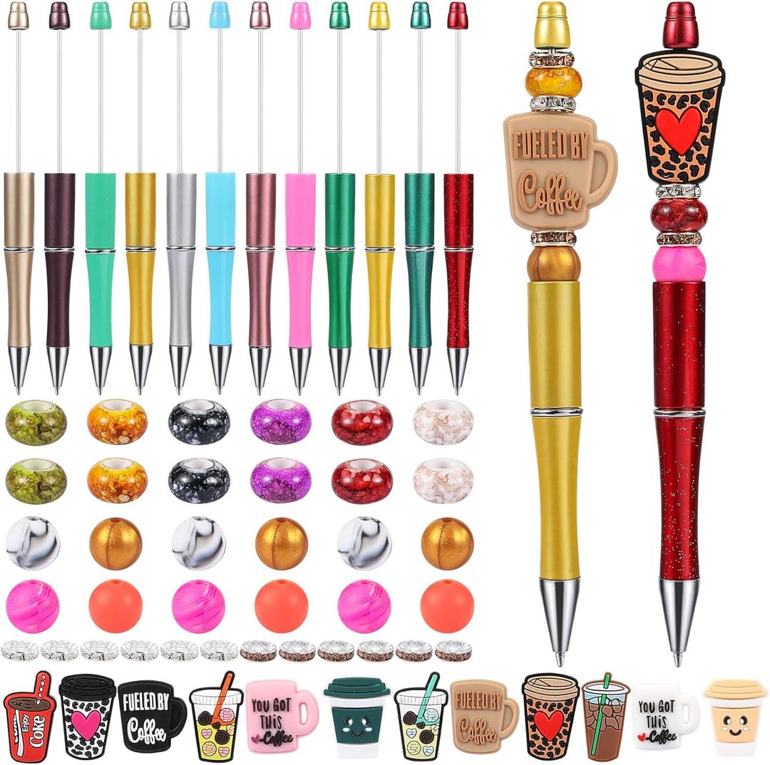 WEWAYSMILE 12 Set Beadable Pen Kit DIY Pens Plastic Beadable Pens Cute Various Silicone Beads Spacer Beads Suitable For Office School Gifts Handicrafts Office SuppliesCoffee Style