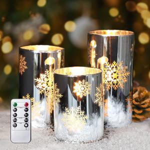 MELTONE Snowflake Holiday Flameless Candles: Real Wax Flickering Battery Operated Glass LED Candles with Remote - Home Xmas Party Christmas Decor - Set of 3
