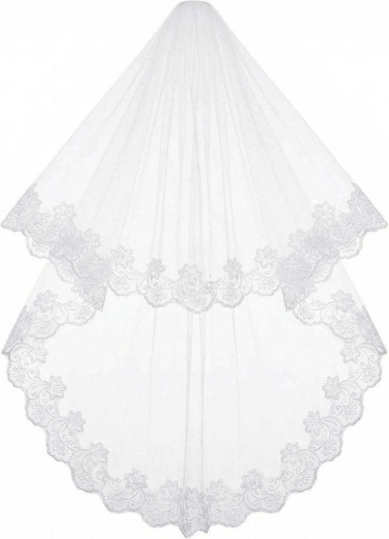 First Communion Veil, Lace Mantilla Veil, White Lace Edge Wedding Veils for Bride, Soft Tulle Chapel Veils for Wedding, First Communion, Bachelorette Party, Cathedral and Chapel Ceremonies