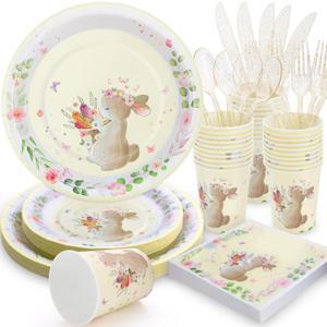 Easter Paper Plates and Napkins-168PCS Easter Dinnerware Bunny Party Supplies includes Paper Plates and Napkins Disposable Serve 24 for Baby Shower Spring Picnic Birthday Party Decorations (9 inch/7 inch)