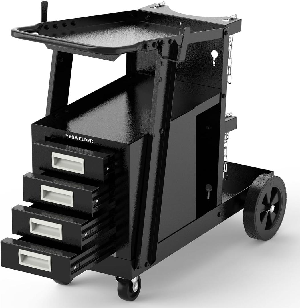 YESWELDER Welding Cart with 4 Drawers for MIG Welder TIG Welder and Plasma Cutter, Heavy Duty Large Storage 360 Rolling Welding Trolley
