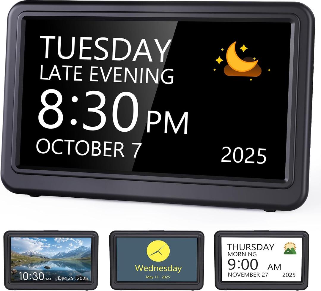 Raynic Date Clock, Digital Clock with 12 Themes, 20 Alarms, 20 Reminders, Semi-Automatic Dimming, 12/24 Hours, Auto DST Clock for Seniors Desktop, Office, Students (Black, 7 Inches)