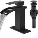 Waterfall Bathroom Faucet 1 Hole, Single Hole Bathroom Faucet, Single Handle Vanity Sink Faucet with Deck Plate, Pop-up Drain & Supply Lines, Matte Black