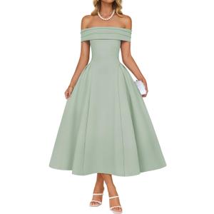 ZESICA Cocktail Dresses for Women's Elegant Off Shoulder Short Sleeve Swing A Line Wedding Evening Party Midi Dress (Light Green)