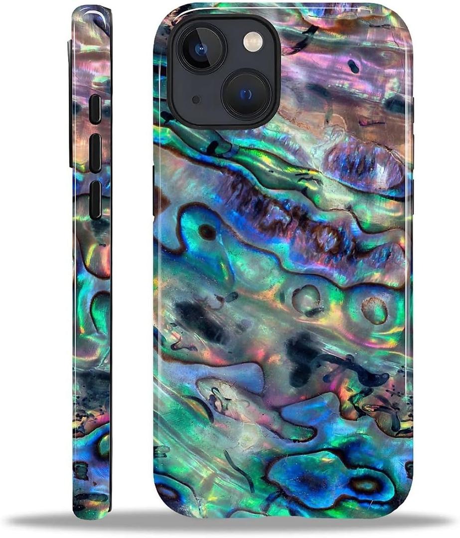 Compatible with iPhone 15 Case - Dual-Layer Protection, Hard Shell with Silicone Interior,Slim Scratch Resistant Shockproof for Woman Men - Blue Abalone Mollusk Shell Patten