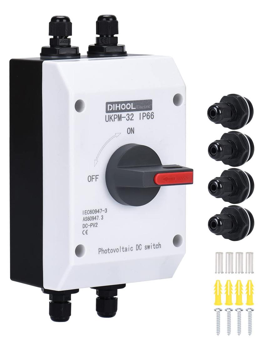 DIHOOL Solar Disconnect Switch,32 Amp DC1200V 4P Isolator,IP66 Outdoor,Cable Glands for 7-13 AWG Wire