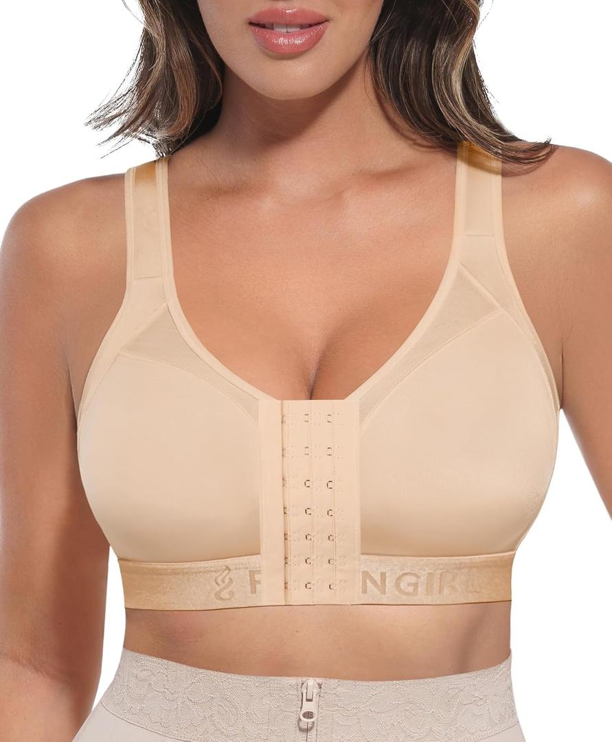 FeelinGirl Front Closure Post Surgery Compression Bra with Adjustable Straps Wireless Breast Augmentation Post Op Bras (3X-Large, Beige)