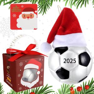 2025 Christmas Soccer Ornament with Gift Box and Card 3.15" Glass Blown Christmas Sport Gifts Ornaments Xmas Tree Decoration for Men Women Soccer Player
