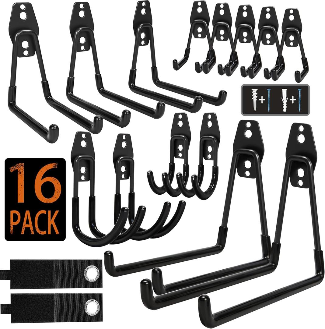 Steel Garage Storage Hooks - 16 Pack Anti-Slip Coating, Heavy Duty Wall Mount Hooks for Hanging Bike, Ladder, Garden Tools (Black)