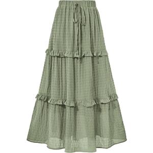 BTFBM Women's Long Summer Skirt 2026 Elegant High Waist Cocktail Party Wedding Guest Dress Flared A-Line Midi Skirts(Green, Medium)