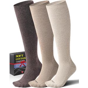 Soft Cotton Compression Socks for Women Men 20-30mmHg - Knee High Support for Circulation, Nurses, Pregnancy, Travel (Medium-Large, 3 Pairs - Natural Land)