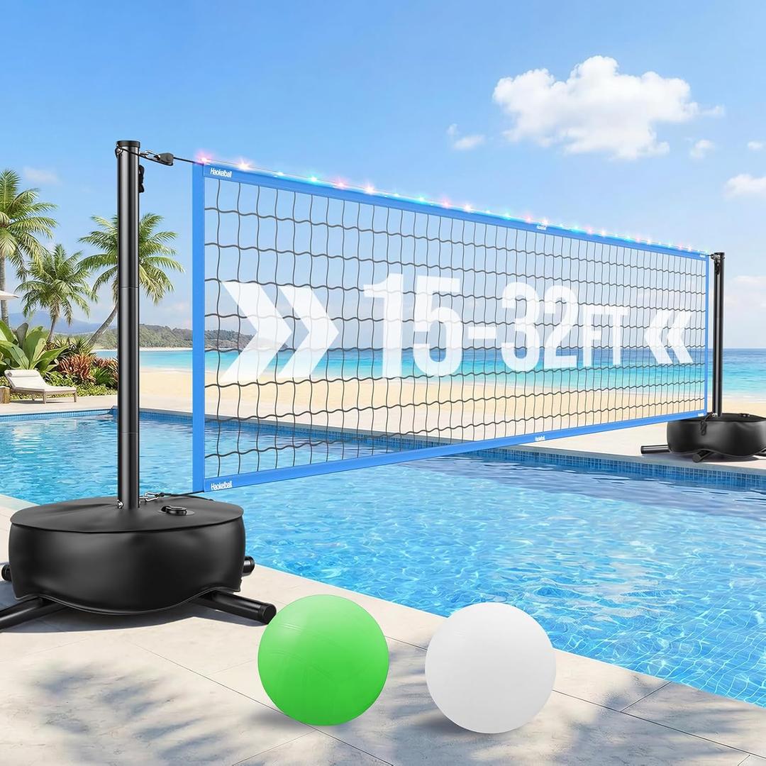 Haokelball LED Pool Volleyball Net Set, 15-32ft Adjustable Volleyball Net for Pool with Heavy Duty Base, Pool Volleyball Set for Inground Pools, Pool Toys & Pool Games for Kids & Adults, 2 Balls