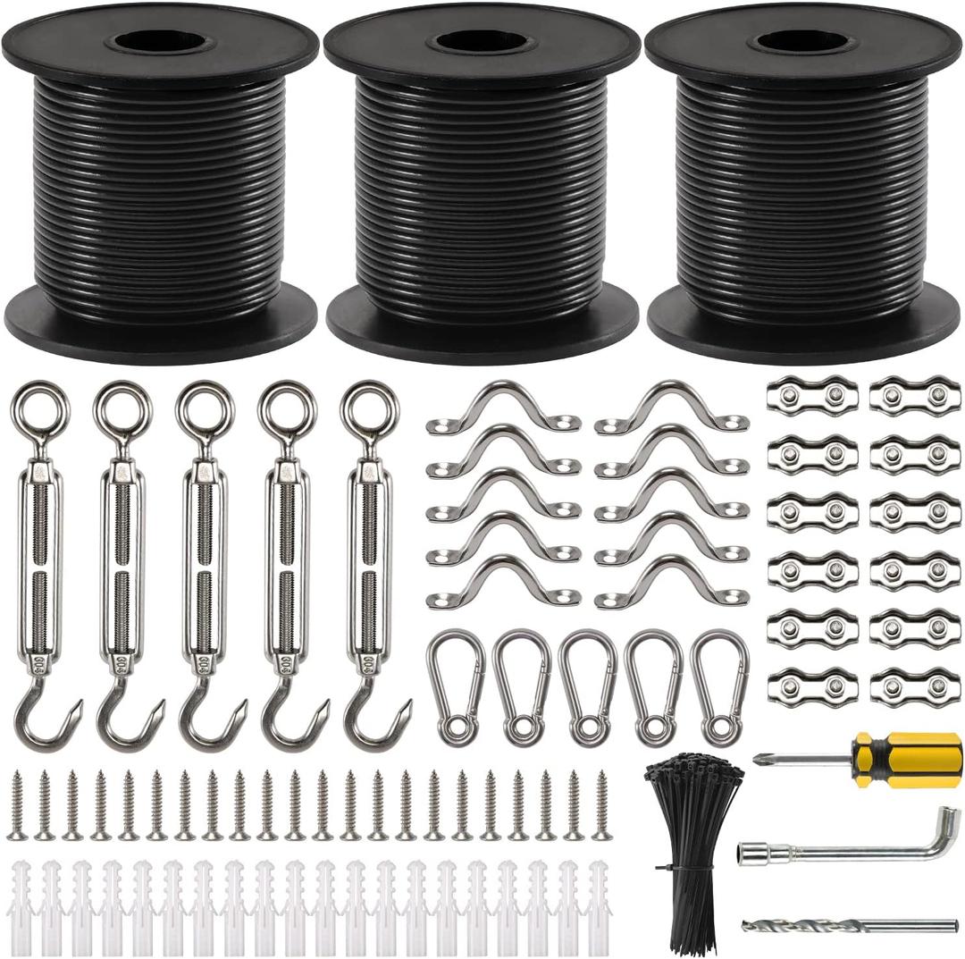 String Light Hanging Kit, 300 Ft Nylon Coated Stainless Steel Cable and Enough Accessories, Guide Wire for Outdoor String Lights, Patio Light, Camping Light