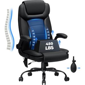 Executive Office Chair Big and Tall 450lbs Heavy Duty Office Chair with Adjustable Lumbar Support High Back Ergonomic Home Computer Leather Chair with Padded Flip-up Arms for Heavy People,Black