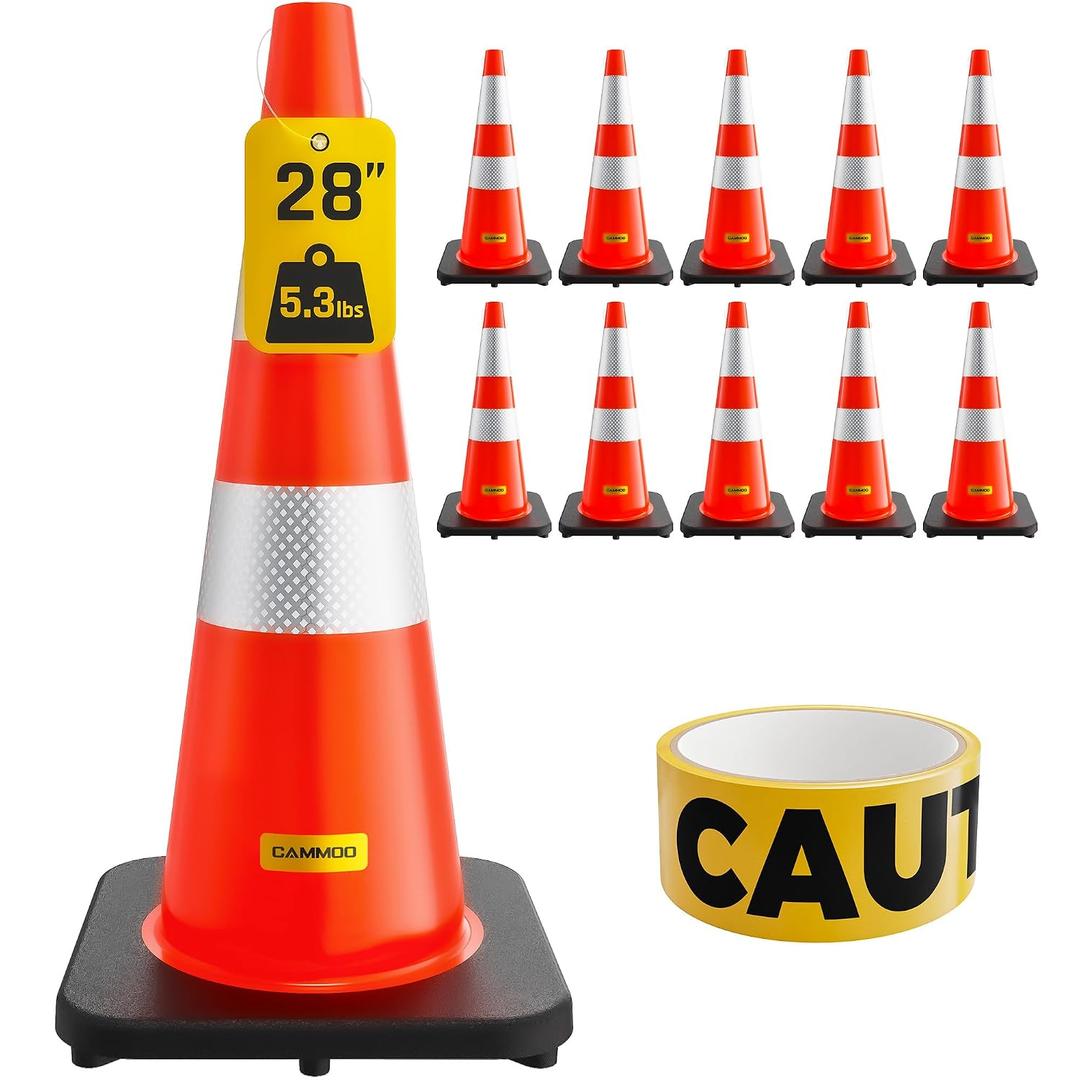CAMMOO 10 Pack 28 Inch Traffic Cones with Black Base, from -22 to 131, MUTCD-Compliant Orange Safety Cone with Reflective Collar Extra Caution Tape for Parking Lot, Construction Work, Road Safety