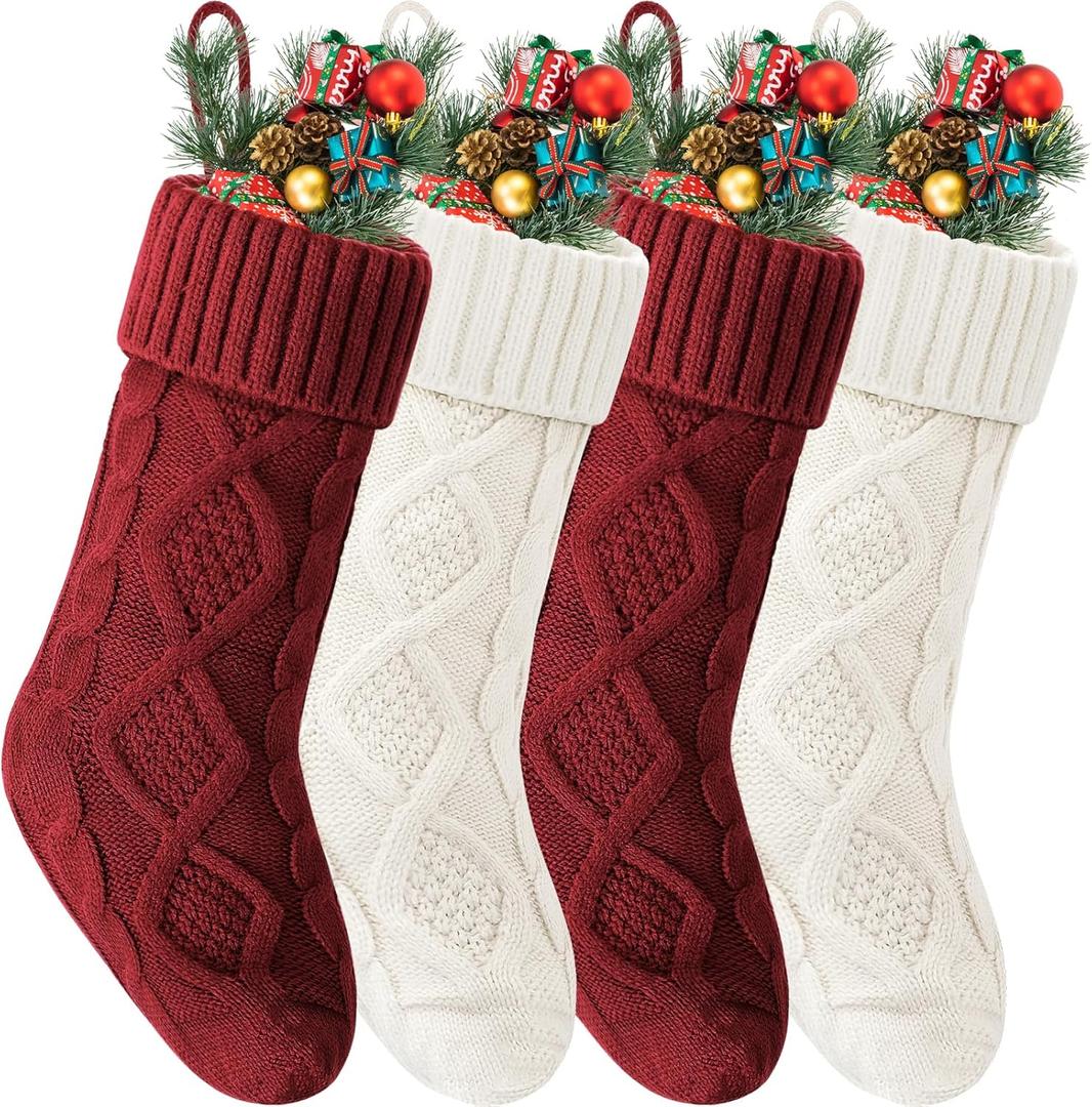 VIBILIA Christmas Stockings 4 Pack, 18 Inches Large Size Knitted Xmas Stocking for Fireplace, Holiday Party Decorations (White Red)